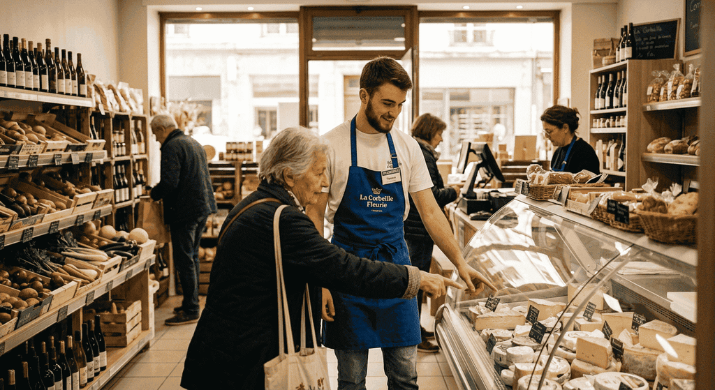 Un étudiant en alternance dans un petit commerce Un alternant en formation dans un commerce