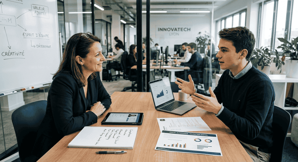 Entretien entre une recruteuse et un jeune alternant LinkedIn : une recruteuse en train de parler à un jeune alternant