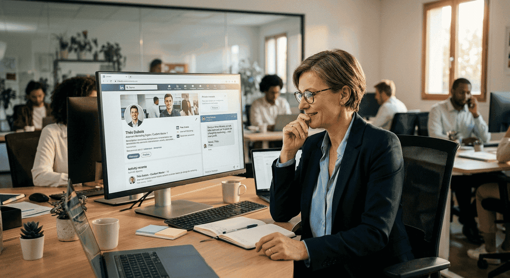 Une responsable RH en train de recruter un contrat d'alternance sur LinkedIn LinkedIn : une responsable RH découvre un jeune alternant sur LinkedIn